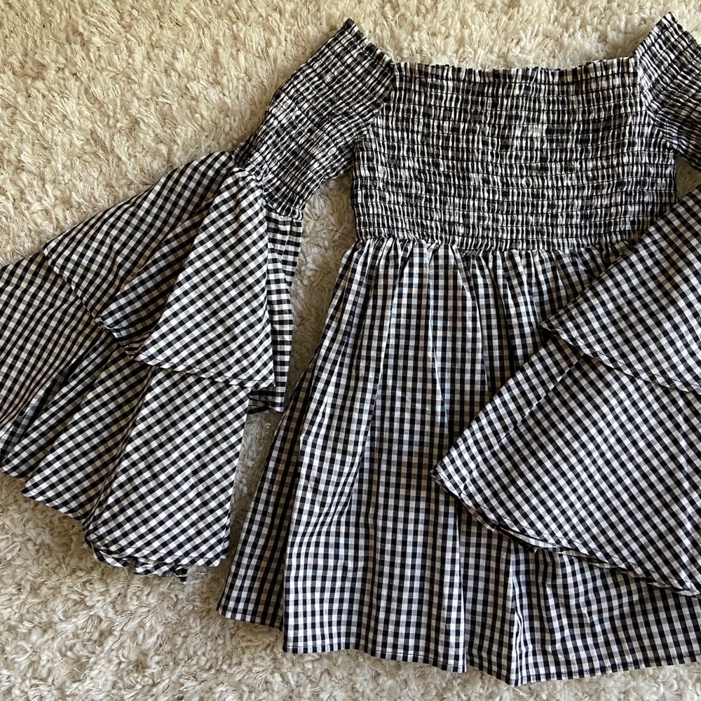 AQUA Off-Shoulder Gingham Bell Sleeve Top